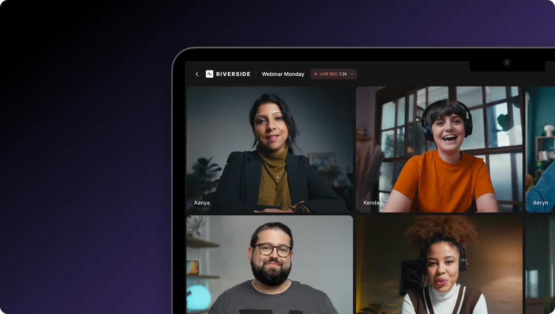 Video call screen showing four people in a virtual meeting with names Aanya, Kendall, and Aeryn visible.